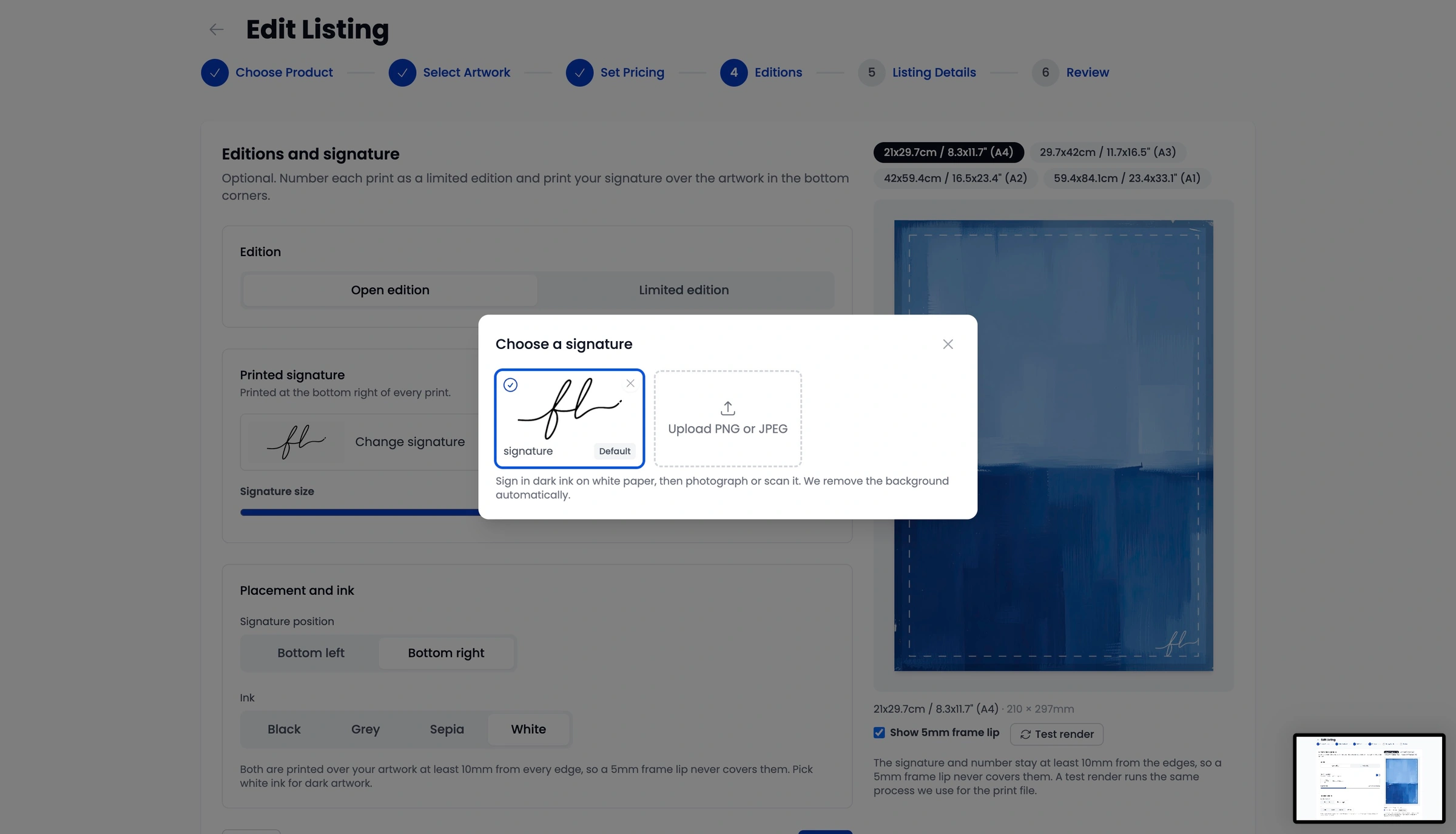 Uploading a handwritten artist signature in the Papello Editions step