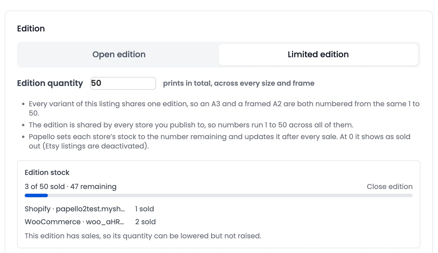 Setting a limited edition print run size in the Papello dashboard
