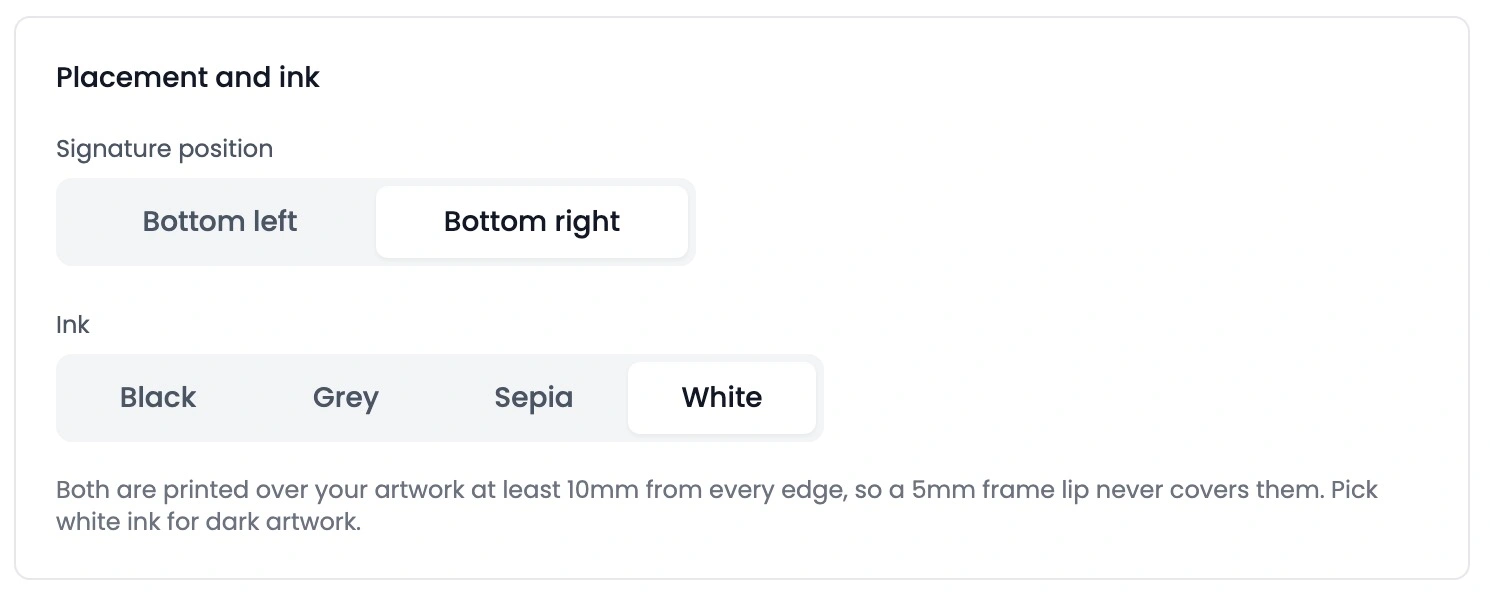 Signature size slider and colour options for printed signatures on Papello