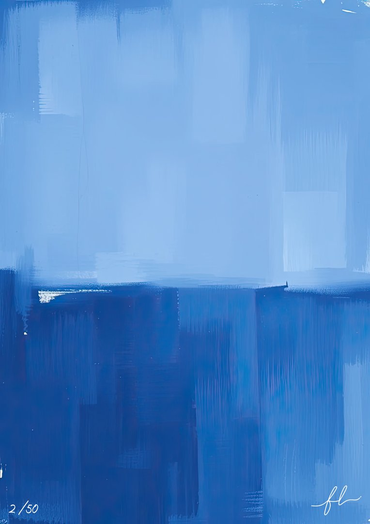 Blue abstract limited edition art print numbered 2/50 with a printed artist signature