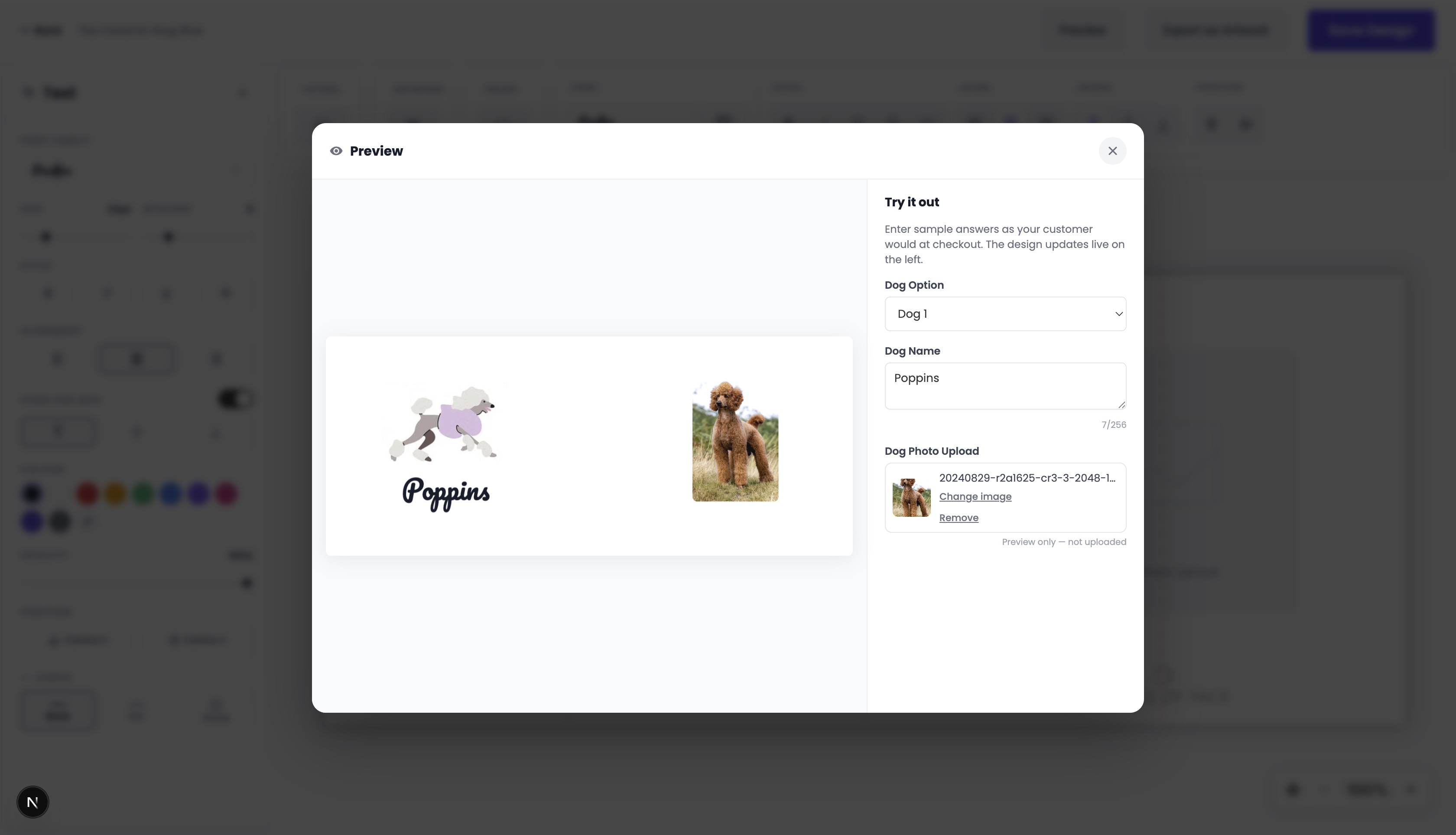 Papello Design Studio preview simulator showing live personalisation updates for dog name and photo fields
